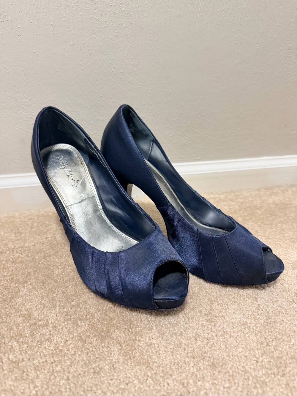 Kelly & Katie Navy Satin Peep-Toe Dress Heels